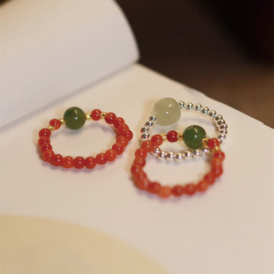 Foviel 925 Sterling Silver Natural Small Hetian Jade Red Agate Pearl Bead Prosperity Elastic Ring