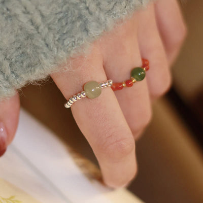 Foviel 925 Sterling Silver Natural Small Hetian Jade Red Agate Pearl Bead Prosperity Elastic Ring