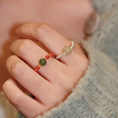 Foviel 925 Sterling Silver Natural Small Hetian Jade Red Agate Pearl Bead Prosperity Elastic Ring