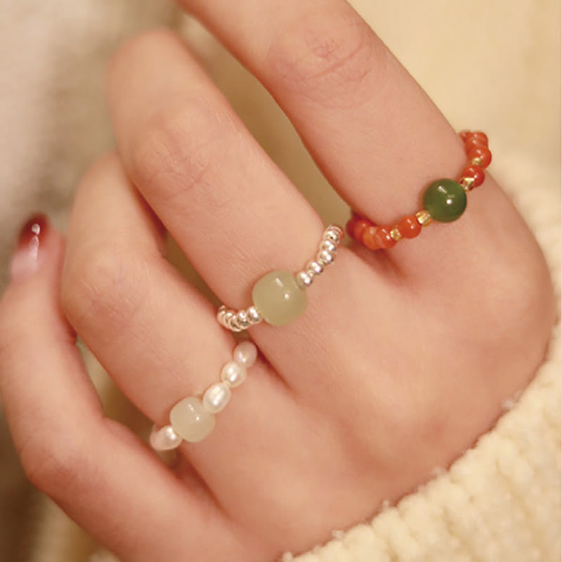 Foviel 925 Sterling Silver Natural Small Hetian Jade Red Agate Pearl Bead Prosperity Elastic Ring