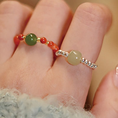 Foviel 925 Sterling Silver Natural Small Hetian Jade Red Agate Pearl Bead Prosperity Elastic Ring