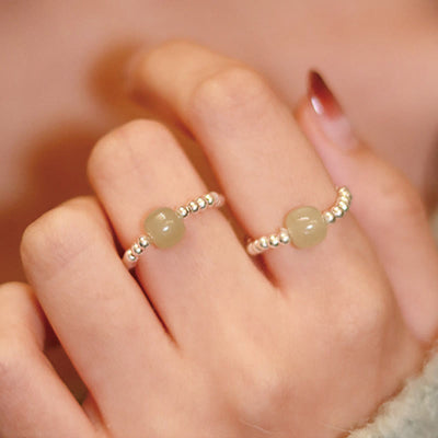 Foviel 925 Sterling Silver Natural Small Hetian Jade Red Agate Pearl Bead Prosperity Elastic Ring