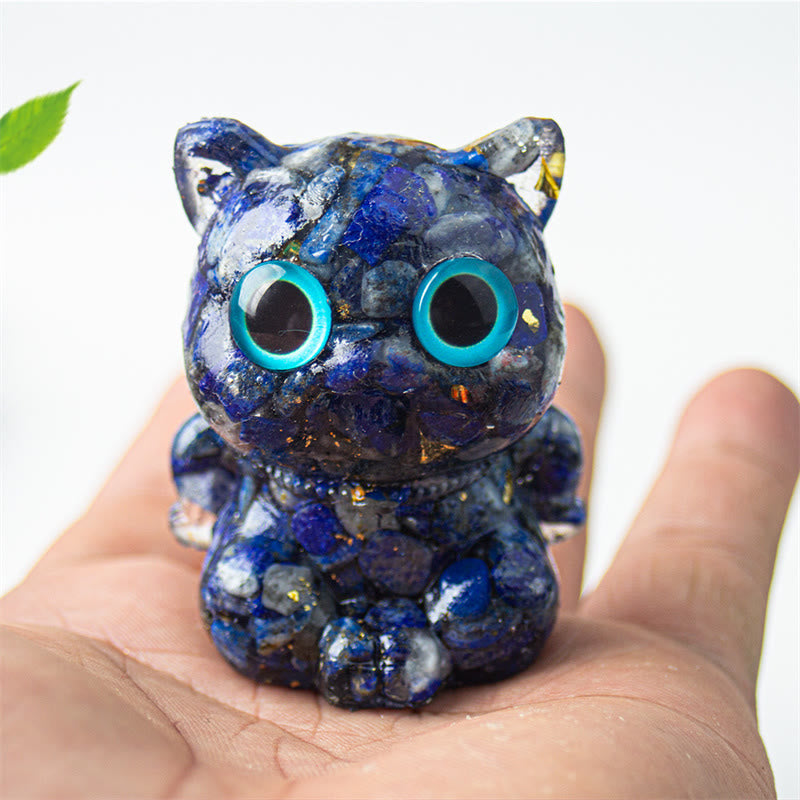 Buddha Stones Cute Cat Lazurite Amethyst Black Obsidian Aquamarine Crystal Resin Positive Home Decoration - Lazurite 5.5*4.5*3.5cm - image 0