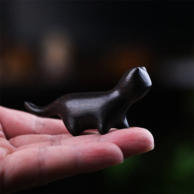 Mini chat porte-bonheur décoratif Foviel en bois de santal vert, bois de santal rouge à petites feuilles, ébène et bois arc-en-ciel