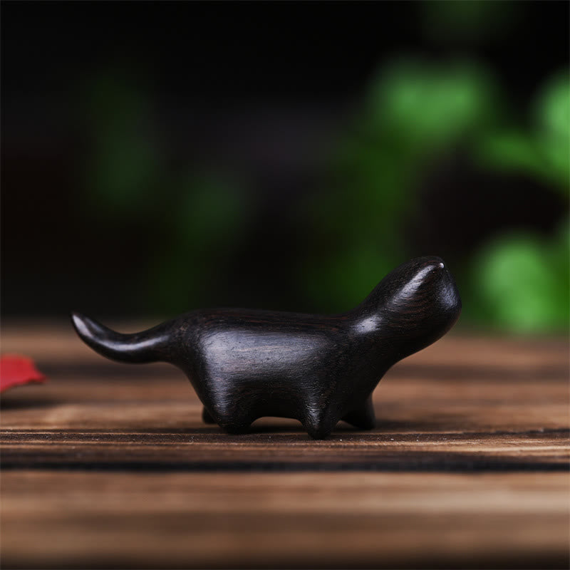 Mini chat porte-bonheur décoratif Foviel en bois de santal vert, bois de santal rouge à petites feuilles, ébène et bois arc-en-ciel