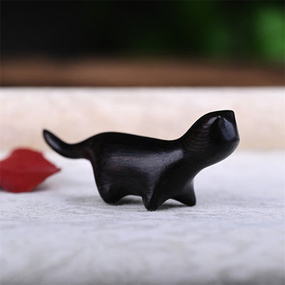 Mini chat porte-bonheur décoratif Foviel en bois de santal vert, bois de santal rouge à petites feuilles, ébène et bois arc-en-ciel