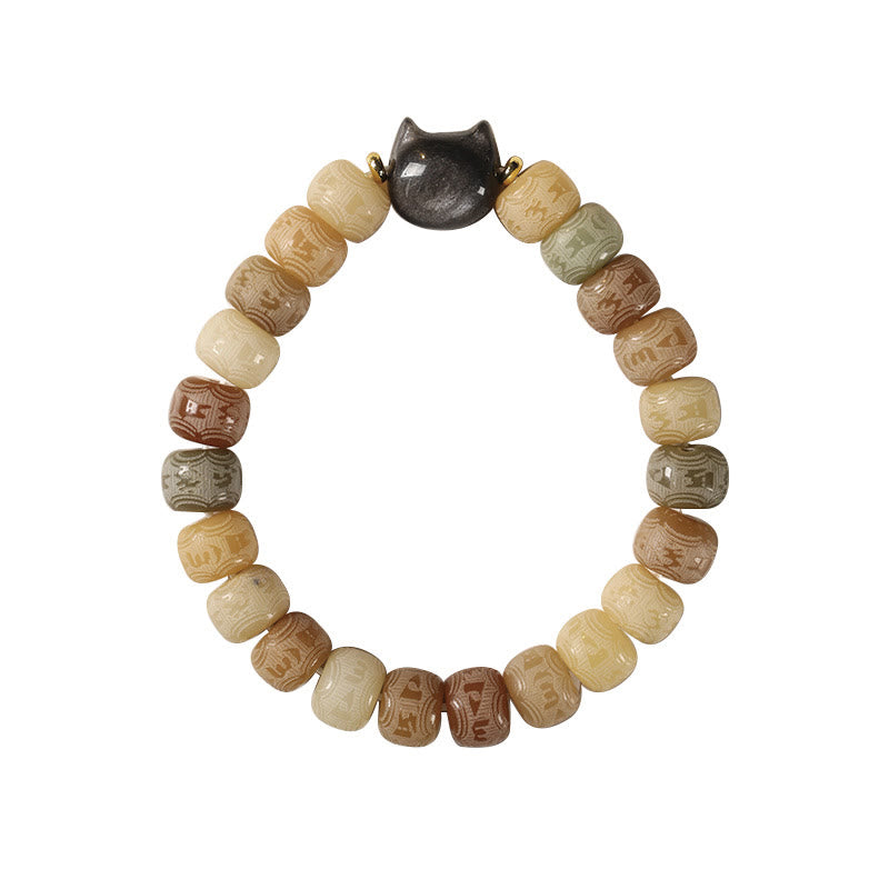 Bracelet de sagesse Foviel en obsidienne argentée sculptée en forme de tête de chat avec graine de Bodhi et mantra Om Mani Padme Hum