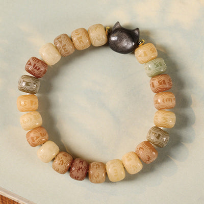 Bracelet de sagesse Foviel en obsidienne argentée sculptée en forme de tête de chat avec graine de Bodhi et mantra Om Mani Padme Hum
