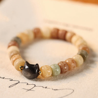 Bracelet de sagesse Foviel en obsidienne argentée sculptée en forme de tête de chat avec graine de Bodhi et mantra Om Mani Padme Hum