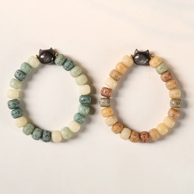 Bracelet de sagesse Foviel en obsidienne argentée sculptée en forme de tête de chat avec graine de Bodhi et mantra Om Mani Padme Hum