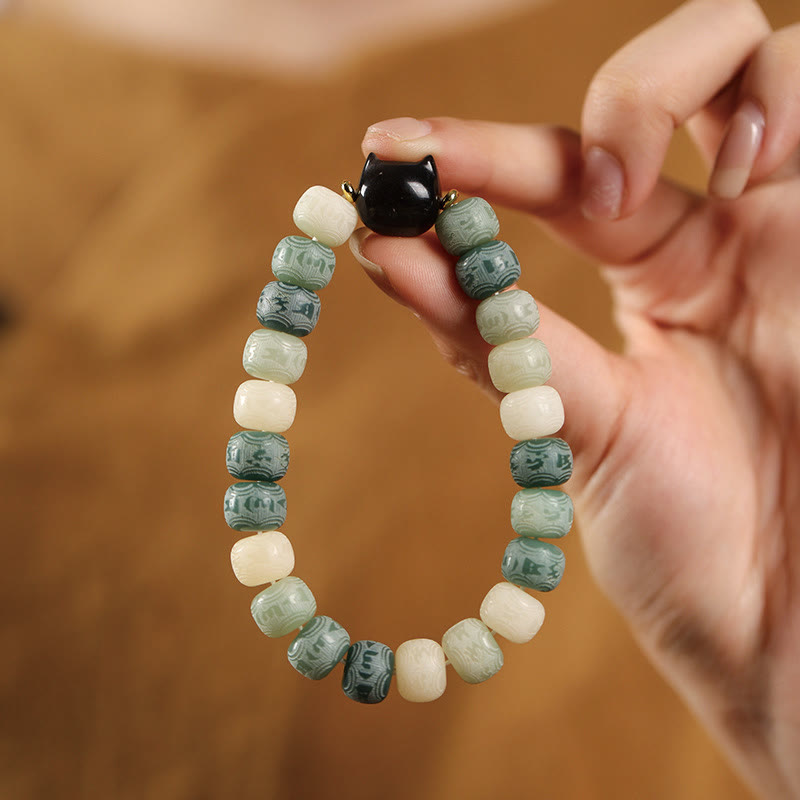 Bracelet de sagesse Foviel en obsidienne argentée sculptée en forme de tête de chat avec graine de Bodhi et mantra Om Mani Padme Hum