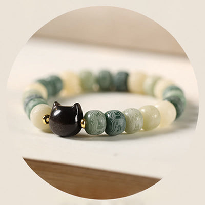 Bracelet de sagesse Foviel en obsidienne argentée sculptée en forme de tête de chat avec graine de Bodhi et mantra Om Mani Padme Hum