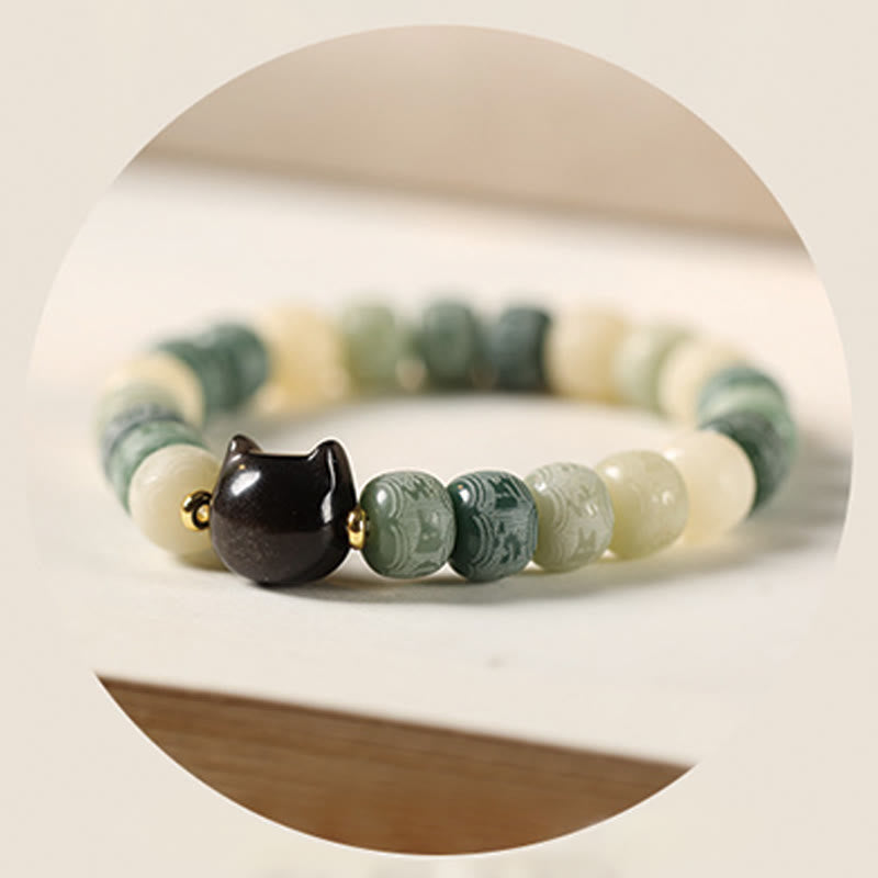 Bracelet de sagesse Foviel en obsidienne argentée sculptée en forme de tête de chat avec graine de Bodhi et mantra Om Mani Padme Hum