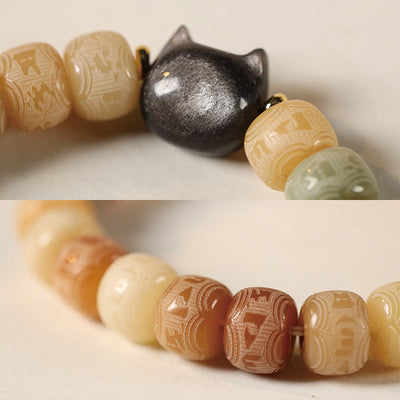 Bracelet de sagesse Foviel en obsidienne argentée sculptée en forme de tête de chat avec graine de Bodhi et mantra Om Mani Padme Hum