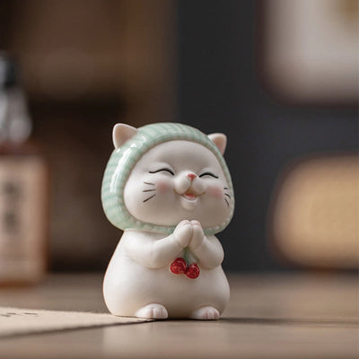Figurine décorative en céramique Foviel Lucky Cute Cat avec écharpe