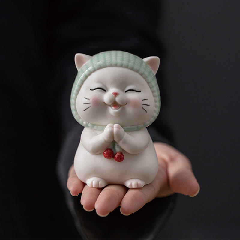 Figurine décorative en céramique Foviel Lucky Cute Cat avec écharpe