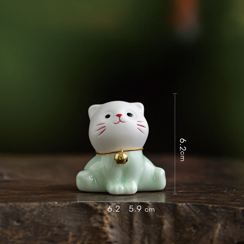 Foviel Mini Glücklich Niedlich Katze Hell Grün Weiß Keramik Figurine Dekoration