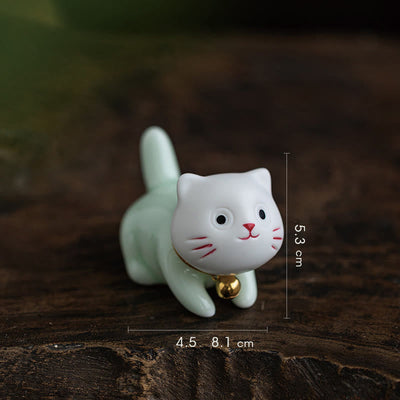 Foviel Mini Glücklich Niedlich Katze Hell Grün Weiß Keramik Figurine Dekoration
