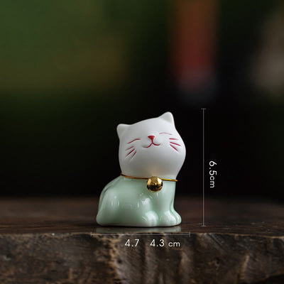 Foviel Mini Glücklich Niedlich Katze Hell Grün Weiß Keramik Figurine Dekoration