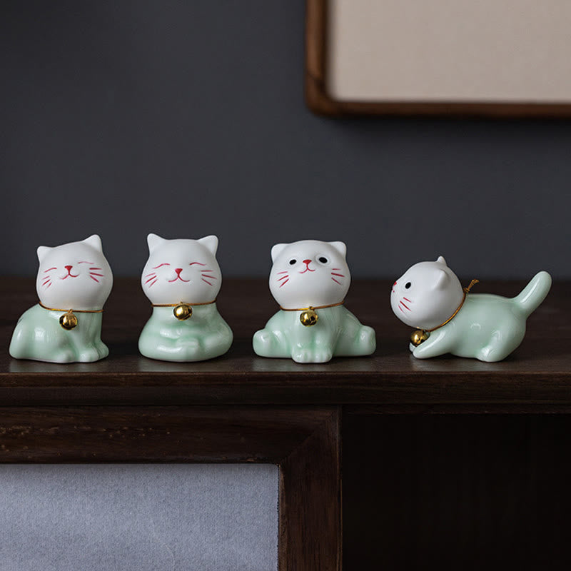 Foviel Mini Glücklich Niedlich Katze Hell Grün Weiß Keramik Figurine Dekoration