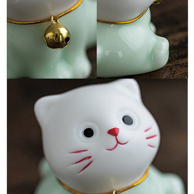 Foviel Mini Glücklich Niedlich Katze Hell Grün Weiß Keramik Figurine Dekoration