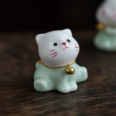 Foviel Mini Glücklich Niedlich Katze Hell Grün Weiß Keramik Figurine Dekoration