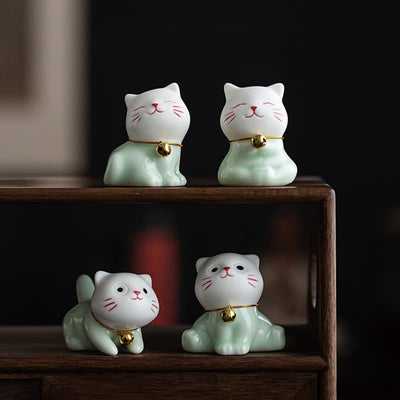 Foviel Mini Glücklich Niedlich Katze Hell Grün Weiß Keramik Figurine Dekoration