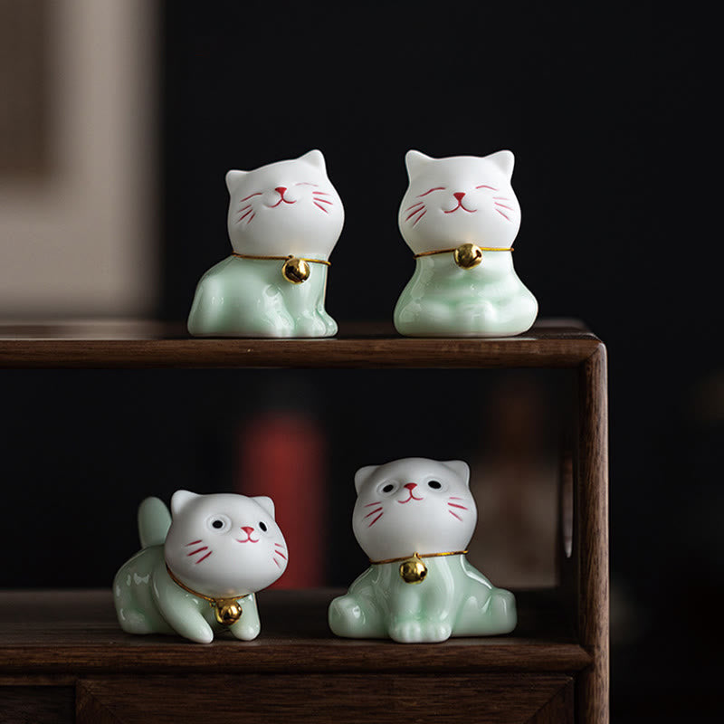 Foviel Mini Glücklich Niedlich Katze Hell Grün Weiß Keramik Figurine Dekoration