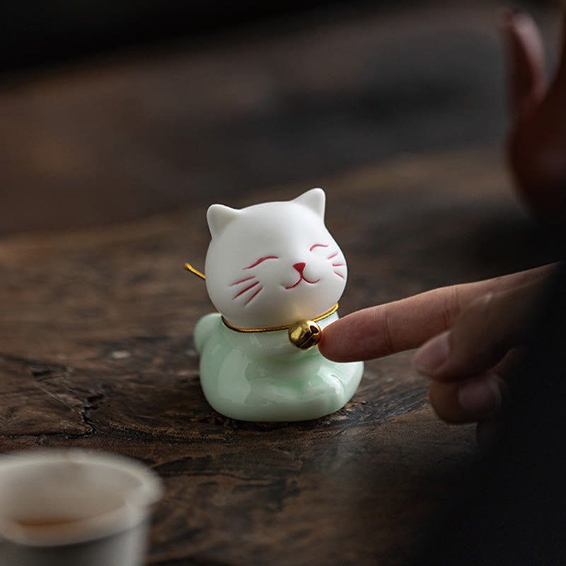 Foviel Mini Glücklich Niedlich Katze Hell Grün Weiß Keramik Figurine Dekoration