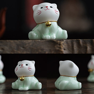 Foviel Mini Glücklich Niedlich Katze Hell Grün Weiß Keramik Figurine Dekoration