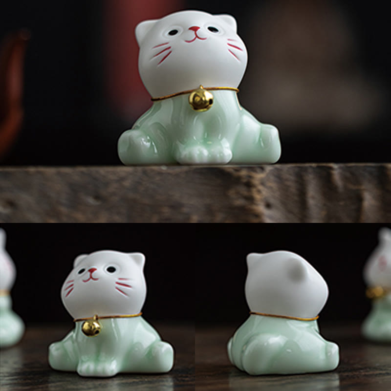 Foviel Mini Glücklich Niedlich Katze Hell Grün Weiß Keramik Figurine Dekoration