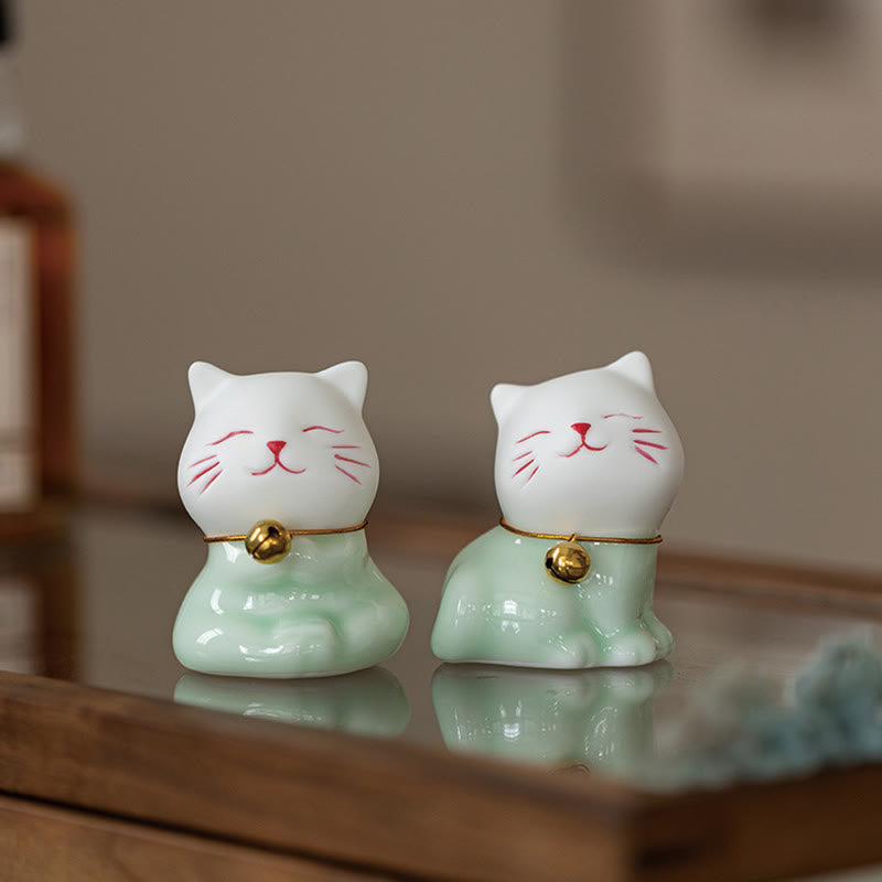 Foviel Mini Glücklich Niedlich Katze Hell Grün Weiß Keramik Figurine Dekoration
