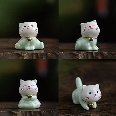 Foviel Mini Glücklich Niedlich Katze Hell Grün Weiß Keramik Figurine Dekoration