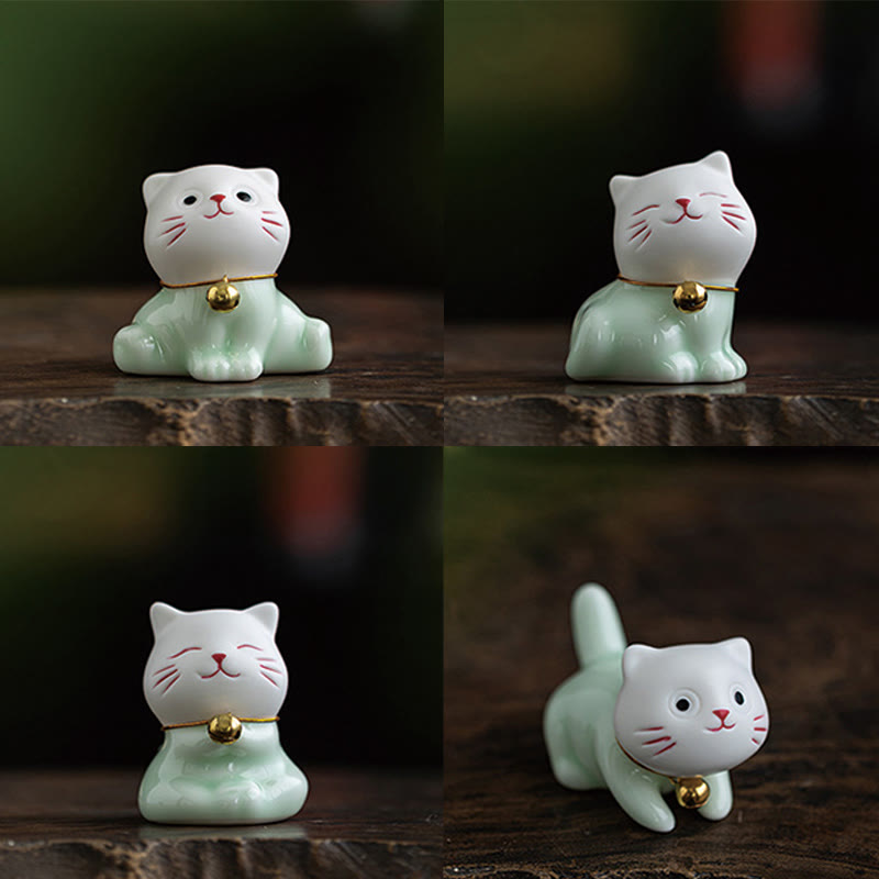 Foviel Mini Glücklich Niedlich Katze Hell Grün Weiß Keramik Figurine Dekoration