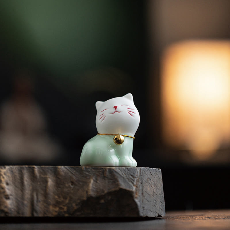 Foviel Mini Glücklich Niedlich Katze Hell Grün Weiß Keramik Figurine Dekoration