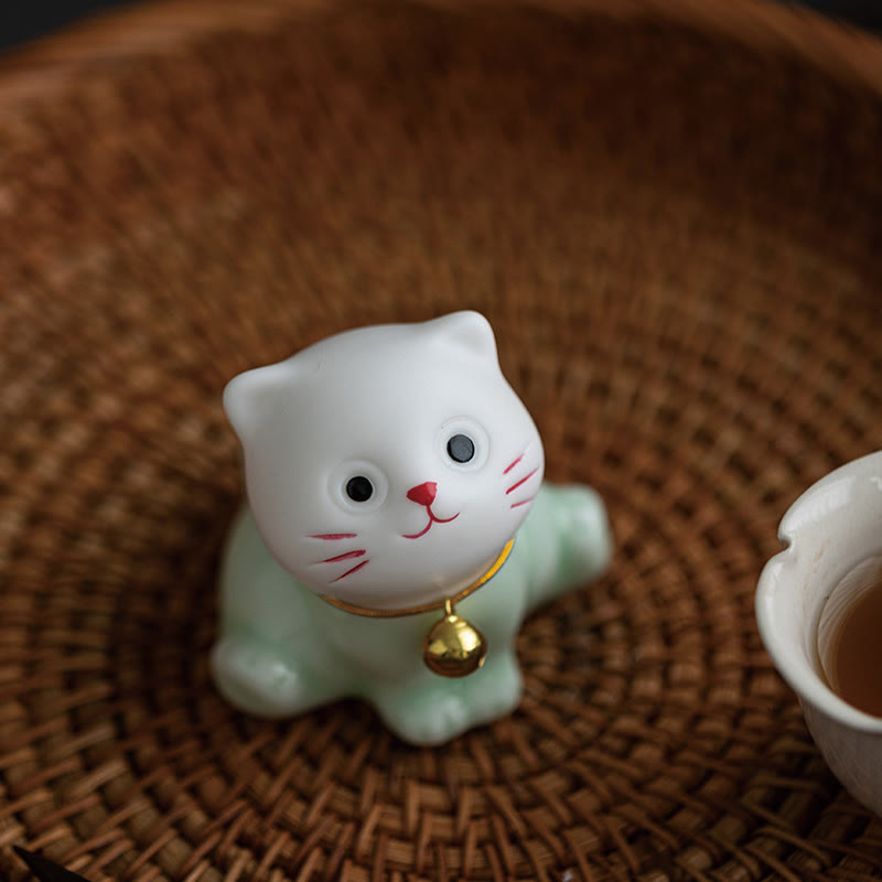 Foviel Mini Glücklich Niedlich Katze Hell Grün Weiß Keramik Figurine Dekoration