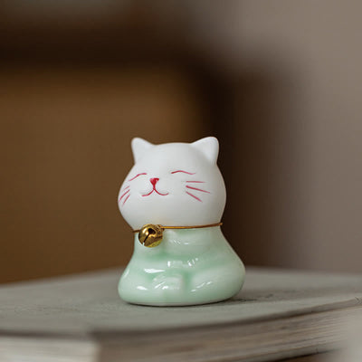 Foviel Mini Glücklich Niedlich Katze Hell Grün Weiß Keramik Figurine Dekoration