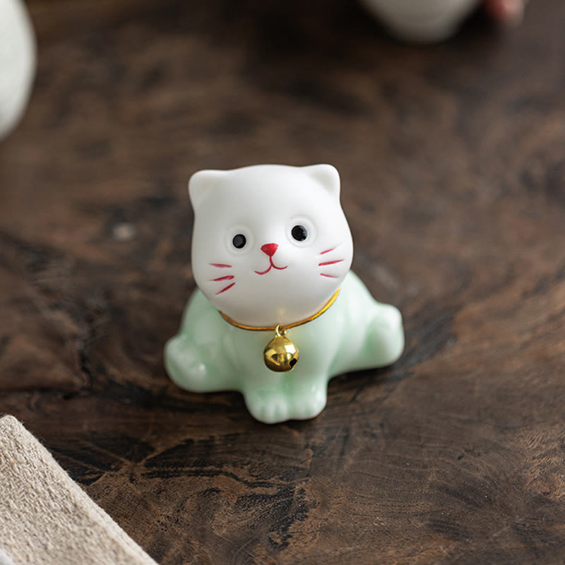 Foviel Mini Glücklich Niedlich Katze Hell Grün Weiß Keramik Figurine Dekoration