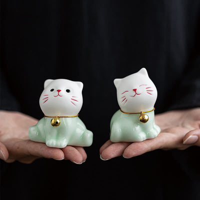 Foviel Mini Glücklich Niedlich Katze Hell Grün Weiß Keramik Figurine Dekoration
