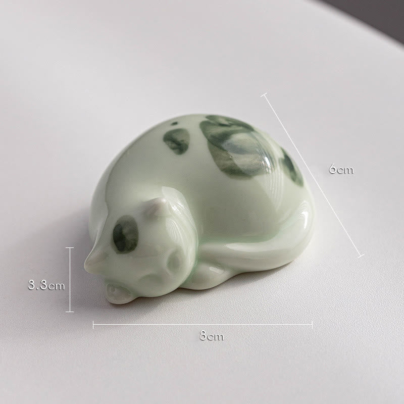 Foviel Mini Lucky Cute Spotted Standing Cat Sleeping Kitten Ceramic Figurine Decoration