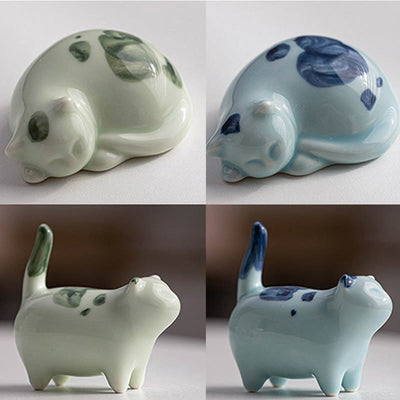 Foviel Mini Lucky Cute Spotted Standing Cat Sleeping Kitten Ceramic Figurine Decoration