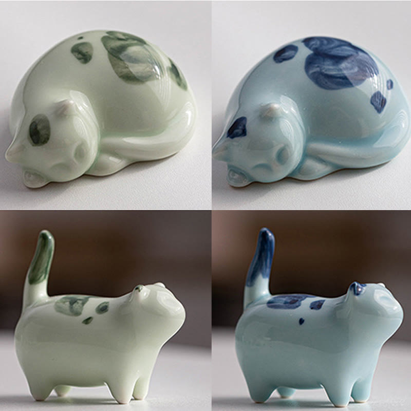 Foviel Mini Lucky Cute Spotted Standing Cat Sleeping Kitten Ceramic Figurine Decoration