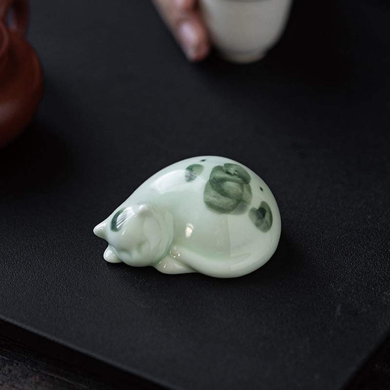Foviel Mini Lucky Cute Spotted Standing Cat Sleeping Kitten Ceramic Figurine Decoration