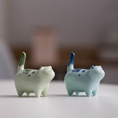 Foviel Mini Lucky Cute Spotted Standing Cat Sleeping Kitten Ceramic Figurine Decoration