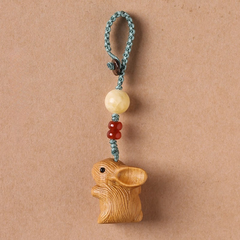 Porte-clés et pendentif de téléphone Foviel, petit lapin porte-bonheur en bois de santal rouge à petites feuilles