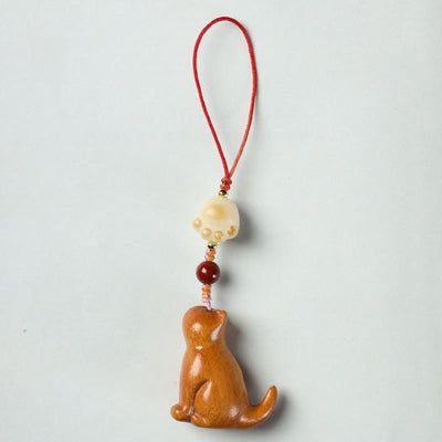 Foviel - Ornement de téléphone à suspendre, chat assis en bois de santal rouge, bois de santal vert et bois de santal à petites feuilles