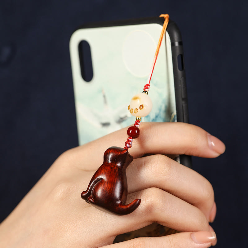 Foviel - Ornement de téléphone à suspendre, chat assis en bois de santal rouge, bois de santal vert et bois de santal à petites feuilles