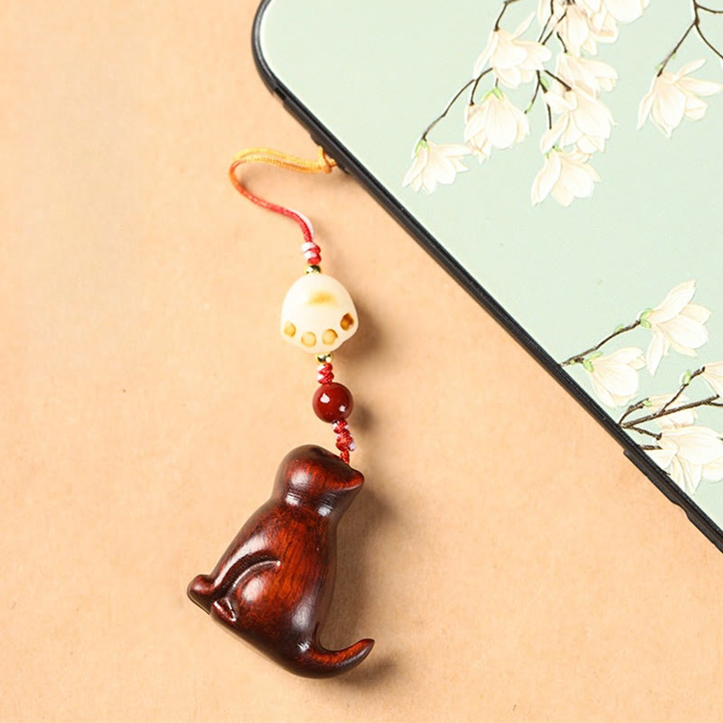 Foviel - Ornement de téléphone à suspendre, chat assis en bois de santal rouge, bois de santal vert et bois de santal à petites feuilles