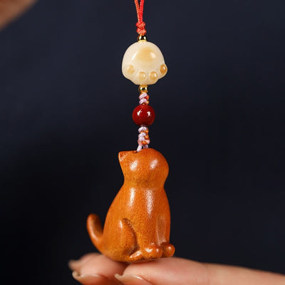 Foviel - Ornement de téléphone à suspendre, chat assis en bois de santal rouge, bois de santal vert et bois de santal à petites feuilles