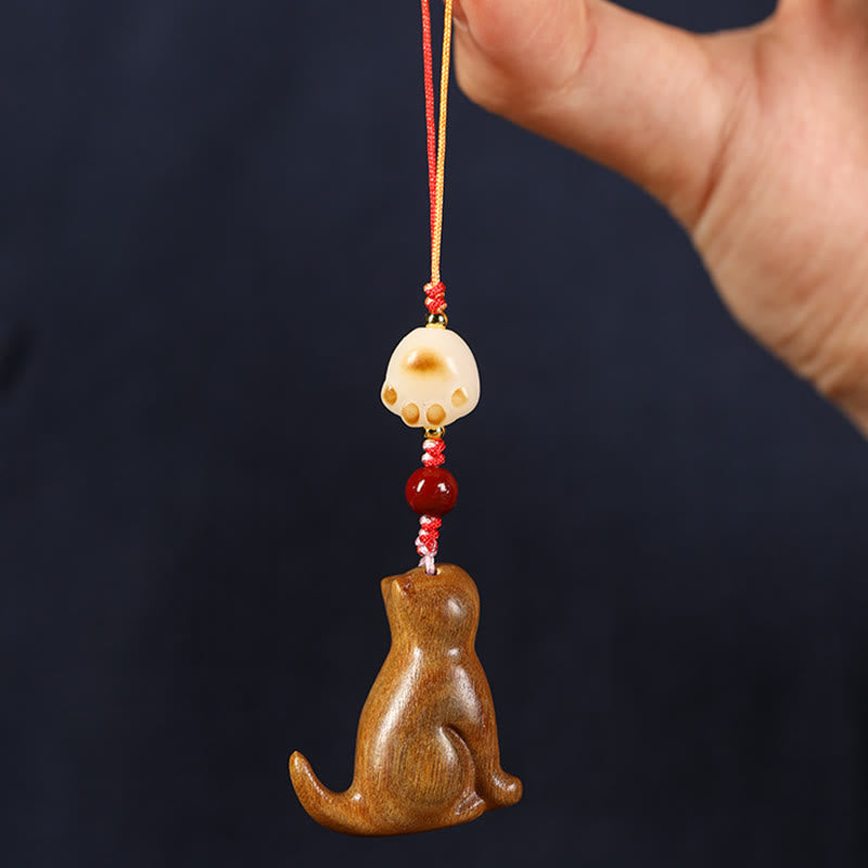 Foviel - Ornement de téléphone à suspendre, chat assis en bois de santal rouge, bois de santal vert et bois de santal à petites feuilles